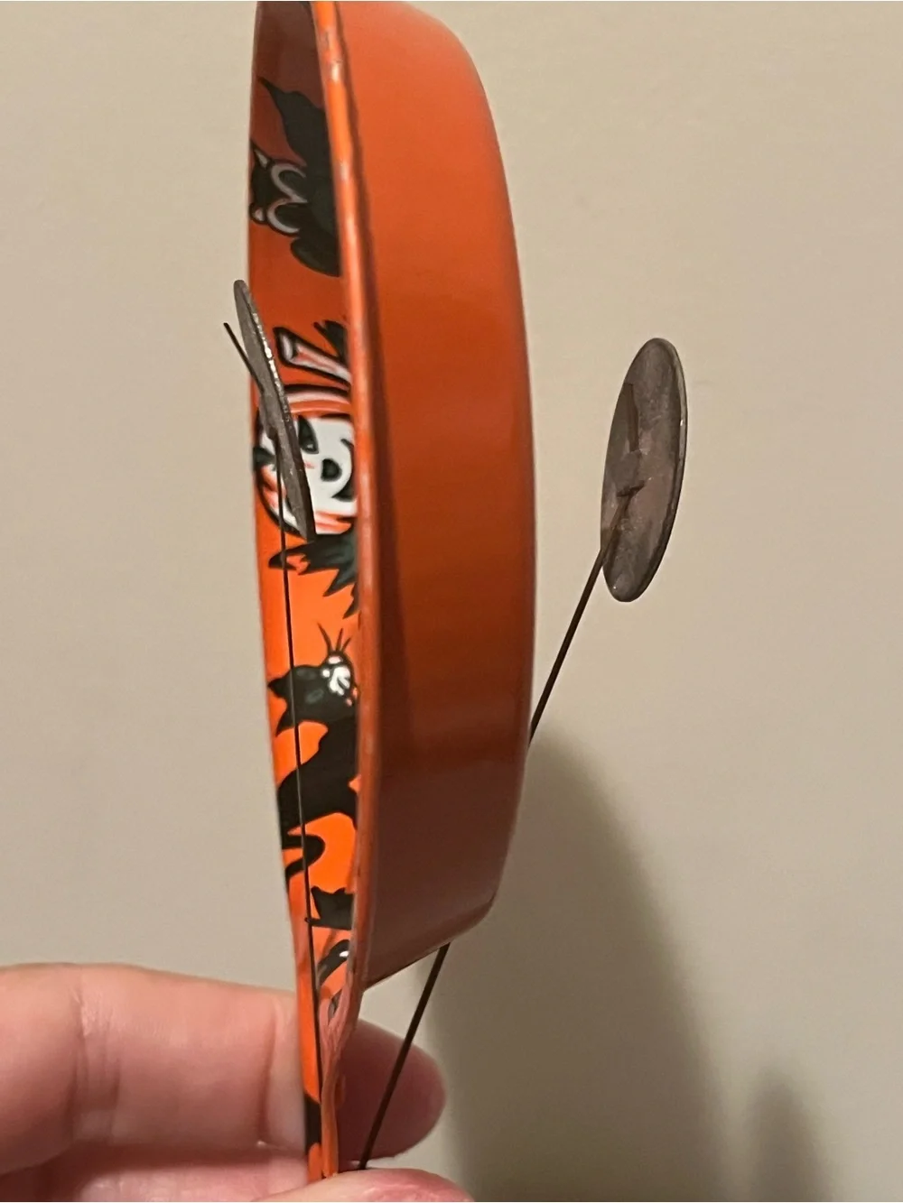 Vintage Halloween Tin Paddle Clicker Noisemaker Witch Skeleton Ghost 8in